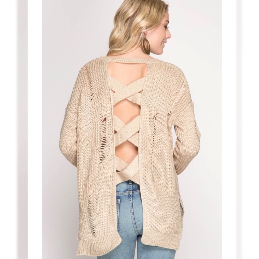 Knit Distressed Sweater Criss Cross Back Taupe NWT
